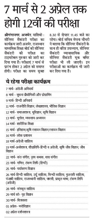 RBSE 12th Class Time Table 2023 Rajasthan Board 12th Time Table