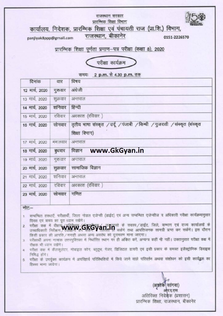 Rajasthan 8th Class Time Table 2020 Diet 8th Time Table Download